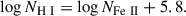 Mathematical equation: $$ \begin{aligned} \log N_{\rm H\ I} = \log N_{\rm Fe\ II} + 5.8. \end{aligned} $$