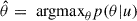 Mathematical equation: $ \hat\theta = \text{ argmax}_\theta p(\theta | u) $