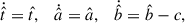 Mathematical equation: $$ \begin{aligned} \dot{\hat{t}}=\hat{t}, \quad \dot{\hat{a}}=\hat{a} , \quad \dot{\hat{b}} = \hat{b} - c ,\end{aligned} $$