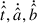 Mathematical equation: $ \dot{\hat t}, \dot{\hat a}, \dot{\hat b} $