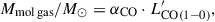 Mathematical equation: $$ \begin{aligned} M_{\rm mol\,gas }/M_{\odot } = \alpha _{\mathrm{CO} } \cdot L^{\prime }_{\mathrm{CO} (1-0)}, \end{aligned} $$