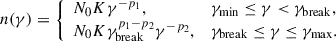 Mathematical equation: $$ \begin{aligned} n(\gamma ) = {\left\{ \begin{array}{ll} N_{0} K \gamma ^{-p_1},&\gamma _{\rm min} \le \gamma < \gamma _{\rm break}, \\ N_{0} K \gamma _{\rm break}^{p_1 - p_2} \gamma ^{-p_2},&\gamma _{\rm break} \le \gamma \le \gamma _{\rm max}. \end{array}\right.} \end{aligned} $$