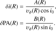 Mathematical equation: \begin{aligned} \delta i(R) & =\frac{A(R)}{\upsilon_\phi(R) \cos i_0}, \\ \delta \mathrm{PA}(R) & =\frac{B(R)}{\upsilon_\phi(R) \sin i_0}. \end{aligned}