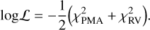 Mathematical equation: $\log \mathcal{L}=-\frac{1}{2}\left(\chi_{\mathrm{PMA}}^{2}+\chi_{\mathrm{RV}}^{2}\right).$