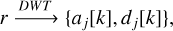 Mathematical equation: r\xrightarrow[]{DWT}\{ a_j[k],d_j[k]\},