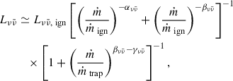 Mathematical equation: $$ \begin{aligned} \begin{aligned} L_{\nu \bar{\nu }}&\simeq L_{\nu \bar{\nu },\text{ ign}} \left[ \left( \frac{\dot{m}}{\dot{m}_{\text{ ign}}} \right)^{-\alpha _{\nu \bar{\nu }}} + \left( \frac{\dot{m}}{\dot{m}_{\text{ ign}}} \right)^{-\beta _{\nu \bar{\nu }}} \right]^{-1} \\&\quad \times \left[ 1 + \left( \frac{\dot{m}}{\dot{m}_{\text{ trap}}} \right)^{\beta _{\nu \bar{\nu }} - \gamma _{\nu \bar{\nu }}} \right]^{-1}, \end{aligned} \end{aligned} $$