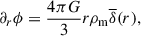 Mathematical equation: $$ \begin{aligned} \partial _r \phi = \frac{4 \pi G}{3} r \rho _{\rm m} \overline{\delta }(r), \end{aligned} $$