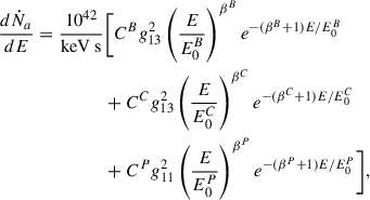 Mathematical equation: $$ \begin{aligned} \dfrac{d\dot{N}_a}{dE} = \dfrac{10^{42}}{\mathrm{keV\ s} }&\bigg [C^Bg^2_{13}\left(\dfrac{E}{E_0^B}\right)^{\beta ^B}e^{-(\beta ^B + 1)E/E_0^B} \nonumber \\&+ C^Cg^2_{13}\left(\dfrac{E}{E_0^C}\right)^{\beta ^C}e^{-(\beta ^C + 1)E/E_0^C} \nonumber \\&+ C^Pg^2_{11}\left(\dfrac{E}{E_0^P}\right)^{\beta ^P}e^{-(\beta ^P + 1)E/E_0^P}\bigg ], \end{aligned} $$