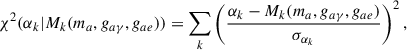 Mathematical equation: $$ \begin{aligned} \chi ^2(\alpha _k | {M}_{k}(m_{a}, g_{a\gamma }, g_{ae})) = \sum \limits _{k} \left(\dfrac{\alpha _{k} - {{M}}_{k}(m_{a}, g_{a\gamma }, g_{ae})}{\sigma _{\alpha _{k}}} \right)^{2}, \end{aligned} $$