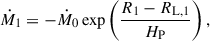 Mathematical equation: $$ \begin{aligned} \dot{M}_{\mathrm{1}} = -\dot{M}_0 \exp \left(\frac{R_1 - R_{\mathrm{L},1}}{H_{\mathrm{P}}}\right), \end{aligned} $$