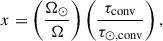 Mathematical equation: $$ \begin{aligned} x = \left( \frac{\Omega _\odot }{\Omega } \right) \left( \frac{\tau _{\rm conv}}{\tau _{\odot ,\mathrm {conv}}} \right) , \end{aligned} $$