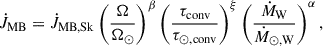 Mathematical equation: $$ \begin{aligned} \dot{J}_{\rm MB} = \dot{J}_{\rm MB,Sk} \left( \frac{\Omega }{\Omega _\odot } \right)^\beta \left( \frac{\tau _{\rm conv}}{\tau _{\odot ,\mathrm{conv}}} \right)^\xi \left( \frac{\dot{M}_{\rm W}}{\dot{M}_{\odot ,\mathrm{W}}} \right)^\alpha , \end{aligned} $$