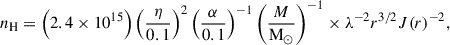 Mathematical equation: $$ \begin{aligned} n_{\rm H} = \left( 2.4 \times 10^{15}\right) \left( \frac{\eta }{0.1}\right)^2 \left( \frac{\alpha }{0.1}\right)^{-1} \left( \frac{M}{\mathrm{M_{\odot }}}\right)^{-1} \times \lambda ^{-2} r^{3/2} J(r)^{-2} , \end{aligned} $$