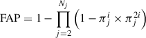Mathematical equation: $$ \begin{aligned} \mathrm{FAP} = 1- \prod _{j = 2}^{N\!_{j}} \left(1-\pi ^{i}_j \times \pi ^{2i}_{j}\right) \end{aligned} $$