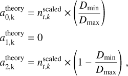 Mathematical equation: $\[\begin{aligned}a_{0, \mathrm{k}}^{\text {theory }} & =n_{t, k}^{\text {scaled }} \times\left(\frac{D_{\min }}{D_{\max }}\right) \\a_{1, \mathrm{k}}^{\text {theory }} & =0 \\a_{2, \mathrm{k}}^{\text {theory }} & =n_{t, k}^{\text {scaled }} \times\left(1-\frac{D_{\min }}{D_{\max }}\right),\end{aligned}\]$