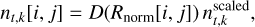 Mathematical equation: $\[n_{t, k}[i, j]=D\left(R_{\text {norm }}[i, j]\right) n_{t, k}^{\text {scaled }},\]$