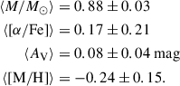 Mathematical equation: $$ \begin{aligned} \langle M/M_\odot \rangle&= 0.88 \pm 0.03\\ \langle [\alpha /\mathrm{Fe}]\rangle&= 0.17 \pm 0.21\\ \langle A_{\rm V}\rangle&= 0.08 \pm 0.04\;\mathrm{mag}\\ \langle [\mathrm{M/H}]\rangle&= -0.24 \pm 0.15. \end{aligned} $$