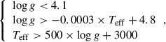 Mathematical equation: $$ \begin{aligned} {\left\{ \begin{array}{ll} \log g < 4.1\\ \log g > -0.0003 \times T_{\mathrm{eff} }+4.8\\ T_{\mathrm{eff} } > 500 \times \log g+3000 \end{array}\right.}, \end{aligned} $$