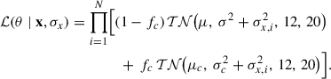 Mathematical equation: $$ \begin{aligned} \begin{aligned} \mathcal{L} (\mathbf \theta \mid \mathbf x,\sigma _x ) = \prod _{i = 1}^N&\Bigl [(1-f_c)\,\mathcal{TN} \bigl (\mu ,\;\sigma ^2 + \sigma _{x,i}^2,\,12,\,20\bigr )\\&\quad +\,f_c\,\mathcal{TN} \bigl (\mu _c,\;\sigma _c^2 + \sigma _{x,i}^2,\,12,\,20\bigr )\Bigr ]. \end{aligned} \end{aligned} $$