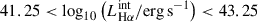 Mathematical equation: $ 41.25 < \log_{10} \left( L_{\mathrm{H}\alpha}^{\mathrm{int}} / \mathrm{erg}\,\mathrm{s}^{-1}\right) < 43.25 $