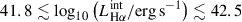 Mathematical equation: $ 41.8 \lesssim \log_{10} \left( L_{\mathrm{H}\alpha}^{\mathrm{int}} / \mathrm{erg}\,\mathrm{s}^{-1}\right) \lesssim 42.5 $