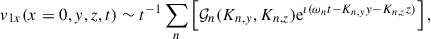Mathematical equation: $$ \begin{aligned} v_{1x}(x=0, y, z, t) \sim t^{-1} \sum _n \left[\mathcal{G} _n(K_{n, y}, K_{n, z}) \mathrm{e}^{\imath (\omega _n t - K_{n, y} y - K_{n, z} z)} \right], \end{aligned} $$