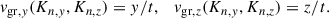 Mathematical equation: $$ \begin{aligned} v_{\mathrm{gr},y}(K_{n, y}, K_{n, z}) = y/t, \quad v_{\mathrm{gr},z}(K_{n, y}, K_{n, z}) = z/t. \end{aligned} $$