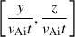 Mathematical equation: $ \left[\dfrac{y}{v_{\mathrm{Ai}} t}, \dfrac{z}{v_{\mathrm{Ai}} t}\right] $