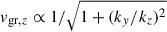 Mathematical equation: $ v_{\mathrm{gr},z} \propto 1/\sqrt{1+(k_y/k_z)^2} $