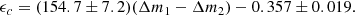 Mathematical equation: $$ \begin{aligned} \epsilon _c = (154.7\pm 7.2) (\Delta m_1-\Delta m_2)-0.357\pm 0.019. \end{aligned} $$