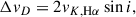 Mathematical equation: $$ \begin{aligned} \Delta v_{D} = 2v_{K, \mathrm{H} \alpha }\sin {i}, \end{aligned} $$