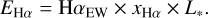 Mathematical equation: E_{\mathrm{H}\alpha} = \mathrm{H}\alpha_{\mathrm{EW}} \times x_{\mathrm{H}\alpha} \times L_* .