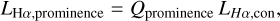 Mathematical equation: L_{\rm H\alpha,prominence} = Q_{\rm prominence}\, L_{H\alpha,{\rm con}} ,