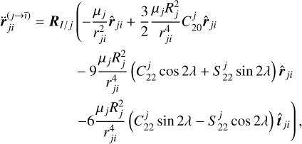 Mathematical equation: $\eqalign{& {\bf{\ddot r}}_{ji}^{(\jmath \to \bar \imath )} = {{\bf{R}}_{I/j}}\left( { - {{{\mu _j}} \over {r_{ji}^2}}{{\widehat {\bf{r}}}_{ji}} + {3 \over 2}{{{\mu _j}R_j^2} \over {r_{ji}^4}}C_{20}^j{{\widehat {\bf{r}}}_{ji}}} \right. \cr & - 9{{{\mu _j}R_j^2} \over {r_{ji}^4}}\left( {C_{22}^j\cos 2\lambda + S_{22}^j\sin 2\lambda } \right){\widehat {\bf{r}}_{ji}} \cr & \left. { - 6{{{\mu _j}R_j^2} \over {r_{ji}^4}}\left( {C_{22}^j\sin 2\lambda - S_{22}^j\cos 2\lambda } \right){{\widehat {\bf{t}}}_{ji}}} \right), \cr} $