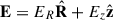 Mathematical equation: $$ \begin{aligned} \mathbf E&= E_{R} \hat{\mathbf{R }} + E_{z} \hat{\mathbf{z }}\end{aligned} $$