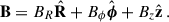 Mathematical equation: $$ \begin{aligned} \mathbf B&= B_{R} \hat{\mathbf{R }} + B_{\phi } \hat{\boldsymbol{\phi }} +B_{z} \hat{\mathbf{z }} \,. \end{aligned} $$