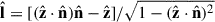 Mathematical equation: $ \hat{\mathbf{l}}=[( \hat{\mathbf{z}} \cdot \hat{\mathbf{n}})\hat{\mathbf{n}}-\hat{\mathbf{z}}]/\sqrt{1-(\hat{\mathbf{z}} \cdot \hat{\mathbf{n}})^2} $
