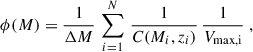 Mathematical equation: $$ \begin{aligned} \phi (M) = \frac{1}{\Delta M} \, \sum ^{N}_{i=1} \, \frac{1}{C(M_i,z_i)} \, \frac{1}{V_{\rm {max},i}}\;, \end{aligned} $$
