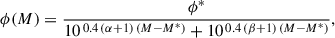 Mathematical equation: $$ \begin{aligned} \phi (M) = \frac{\phi ^*}{ 10^{\,0.4\,(\alpha +1)\,(M-M^*)} +10^{\,0.4\,(\beta +1)\,(M-M^*)}}, \end{aligned} $$