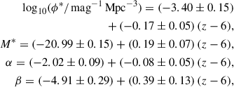 Mathematical equation: $$ \begin{aligned} \log _{10}(\phi ^*/\,\mathrm{mag} ^{-1}\,\mathrm{Mpc} ^{-3}) = (-3.40 \pm 0.15) \nonumber \\ \quad +\, (-0.17 \pm 0.05)\,(z-6), \nonumber \\ M^* = (-20.99 \pm 0.15) + (0.19 \pm 0.07)\,(z-6), \\ \alpha = (-2.02 \pm 0.09) + (-0.08 \pm 0.05)\,(z-6), \nonumber \\ \beta = (-4.91\pm 0.29) + (0.39 \pm 0.13)\,(z-6),\nonumber \end{aligned} $$