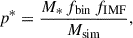 Mathematical equation: $$ \begin{aligned} p^* = \frac{M_* \,f_{\rm bin}\, f_{\rm IMF}}{M_{\rm sim}}, \end{aligned} $$
