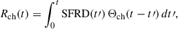Mathematical equation: $$ \begin{aligned} R_{\rm ch}(t) = \int _{0}^{t} \mathrm{SFRD}(t\prime )\,\Theta _{\rm ch}(t - t\prime ) \, dt\prime , \end{aligned} $$