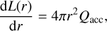 Mathematical equation: $\frac{\mathrm{d} L(r)}{\mathrm{d} r}=4 \pi r^{2} Q_{\mathrm{acc}},$