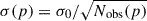 Mathematical equation: $ \sigma (p) = \sigma_{0}/\sqrt{N_{\mathrm{obs}}(p)} $
