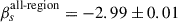 Mathematical equation: $ \beta_{s}^{\mathrm{all}\text{-}\mathrm{region}} = -2.99 \pm 0.01 $