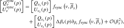 Mathematical equation: $$ \begin{aligned} \left[\begin{matrix} Q^\mathrm{sync}_{ \nu }(p)\\ U^\mathrm{sync}_{ \nu }(p) \end{matrix}\right]&= \left[\begin{matrix} Q_{\nu _{s}}(p)\\ U_{\nu _{s}}(p) \end{matrix}\right]f_{\rm sync}\left(\nu ,\overline{\beta }_{s}\right)\\ \nonumber&\quad +\left[\begin{matrix} Q_{\nu _{s}}(p)\\ U_{\nu _{s}}(p) \end{matrix}\right]\Delta \beta _{s}(p)\partial _{{\beta }_{s}} f_{\rm sync}\left(\nu ,\overline{\beta }_{s}\right) + \mathcal{O} (\beta _{s}^2), \end{aligned} $$