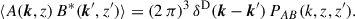 Mathematical equation: $$ \begin{aligned} \langle A({\boldsymbol{k}},z)\,B^*({\boldsymbol{k}}^{\prime },z^{\prime })\rangle = (2\,\pi )^3\,{\delta }^\mathrm{D}({\boldsymbol{k}}-{\boldsymbol{k}}^{\prime })\,P_{AB}(k,z,z^{\prime }). \end{aligned} $$