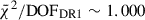 Mathematical equation: $ \bar\chi^2/\mathrm{DOF}_{\mathrm{DR1}} \sim 1.000 $