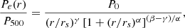 Mathematical equation: $$ \begin{aligned} \frac{P_e(r)}{P_{500}} = \frac{P_0}{(r/r_s)^\gamma \left[1+(r/r_s)^\alpha \right]^{(\beta -\gamma )/\alpha }}, \end{aligned} $$