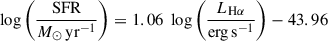 Mathematical equation: $$ \begin{aligned} \log \left( \frac{\mathrm{SFR}}{M_\odot \, \mathrm{yr}^{-1}} \right) = 1.06 \; \log \left( \frac{L_{\rm H\alpha }}{\mathrm{erg \, s^{-1}}} \right) - 43.96 \end{aligned} $$